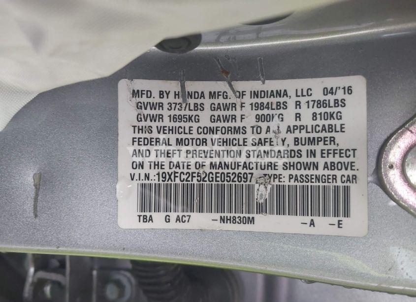 Photo 9 of 2016 Honda Civic LX (VIN 19XFC2F52GE052697)