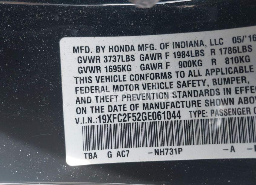 Photo 9 of 2016 Honda Civic LX (VIN 19XFC2F52GE061044)