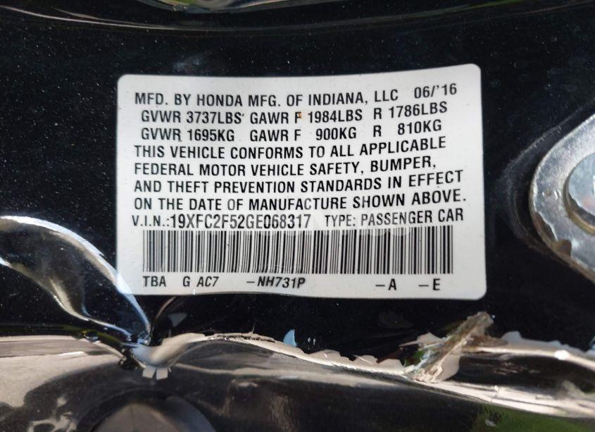 Photo 9 of 2016 Honda Civic LX (VIN 19XFC2F52GE068317)