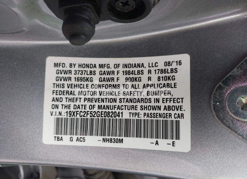 Photo 9 of 2016 Honda Civic LX (VIN 19XFC2F52GE082041)