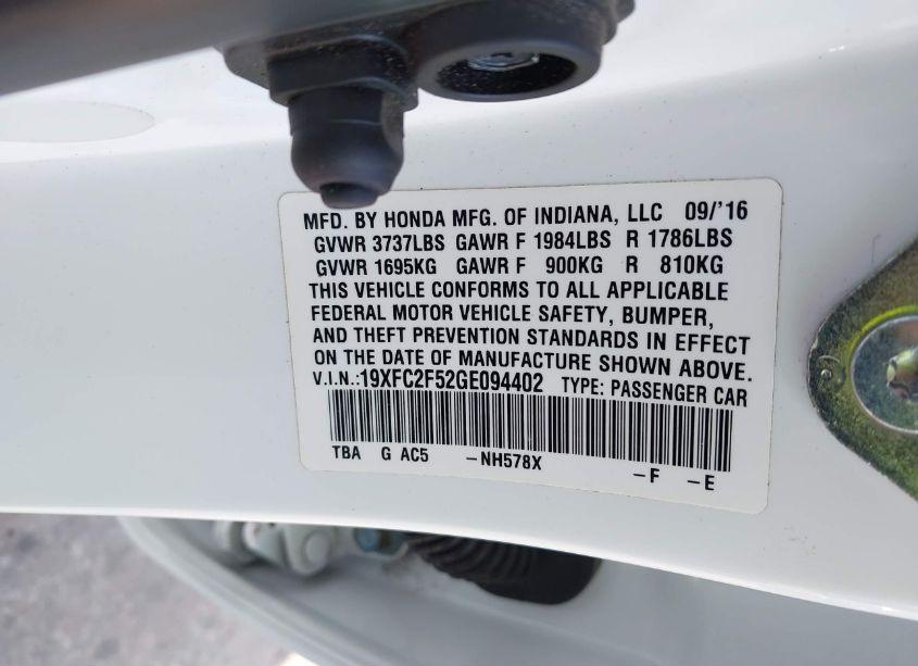 Photo 9 of 2016 Honda Civic LX (VIN 19XFC2F52GE094402)