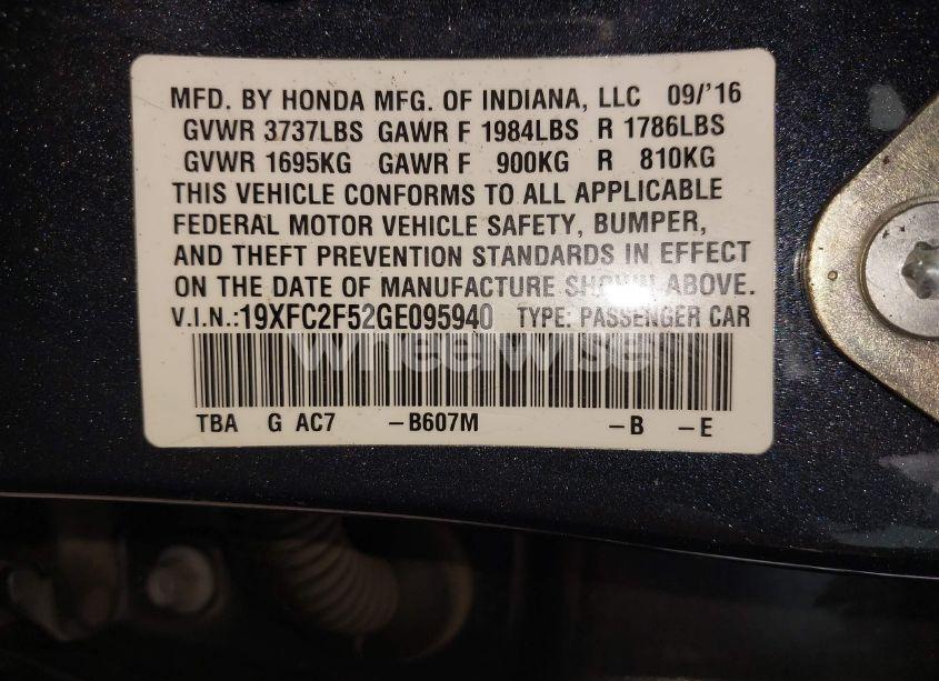 Photo 9 of 2016 Honda Civic LX (VIN 19XFC2F52GE095940)