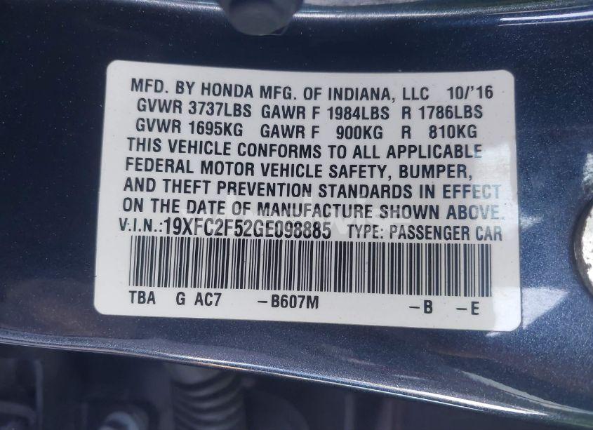 Photo 9 of 2016 Honda Civic LX (VIN 19XFC2F52GE098885)