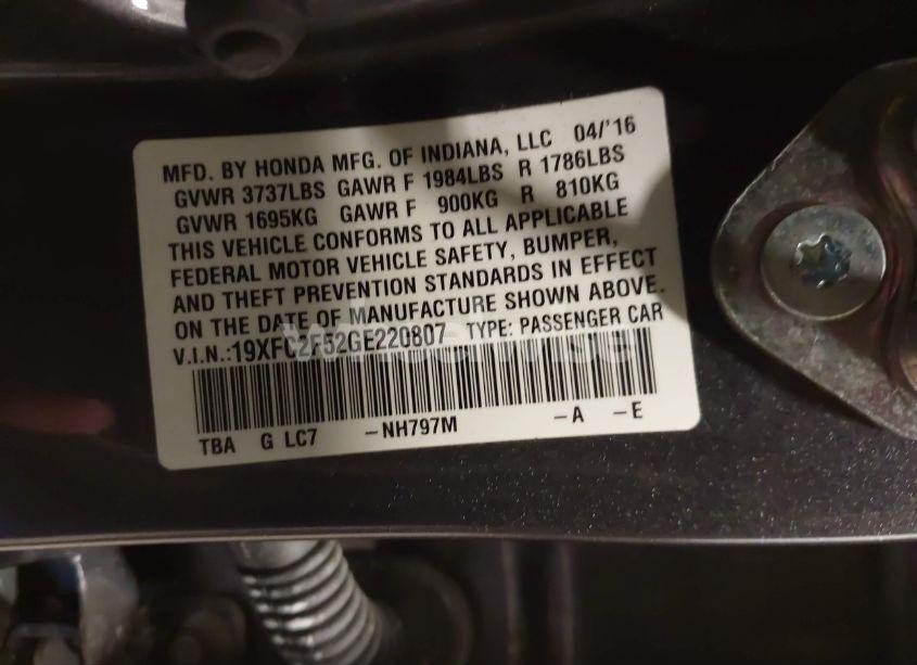 Photo 9 of 2016 Honda Civic LX (VIN 19XFC2F52GE220807)