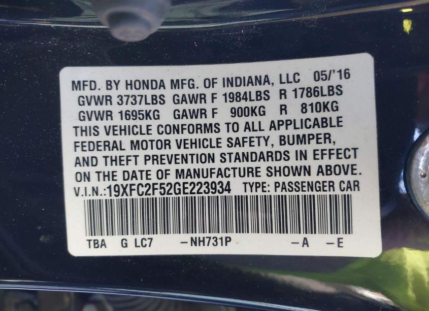 Photo 9 of 2016 Honda Civic LX (VIN 19XFC2F52GE223934)