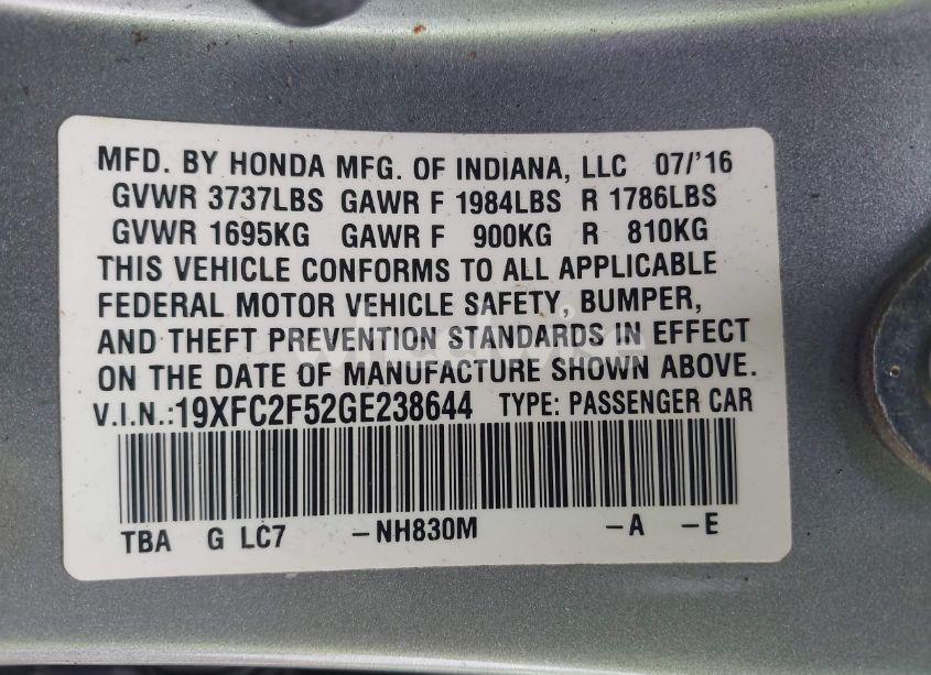 Photo 9 of 2016 Honda Civic LX (VIN 19XFC2F52GE238644)