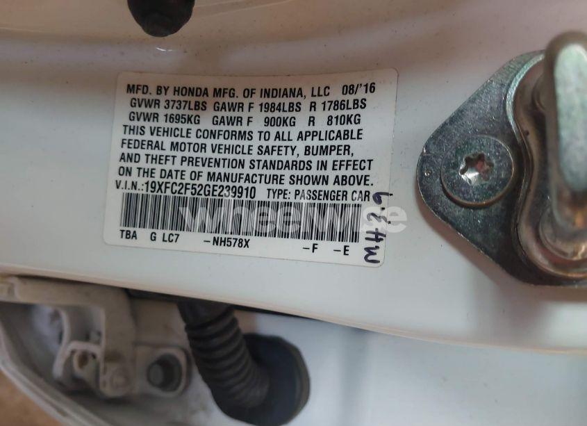 Photo 9 of 2016 Honda Civic LX (VIN 19XFC2F52GE239910)