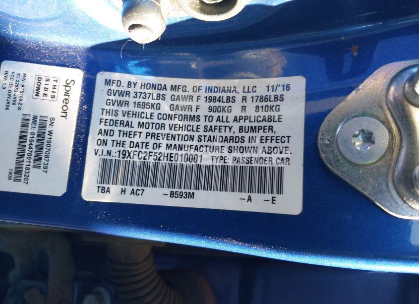 Photo 9 of 2017 Honda Civic LX (VIN 19XFC2F52HE010001)