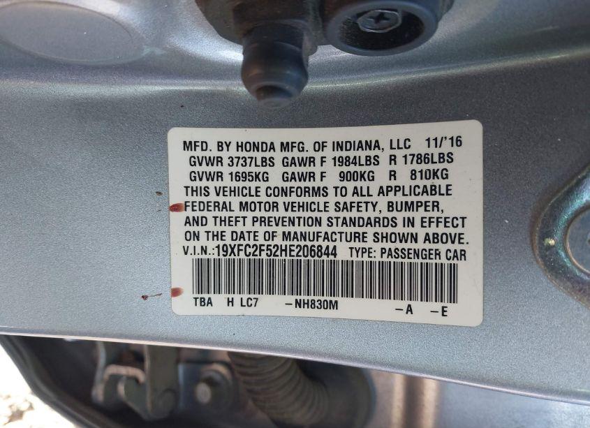 Photo 9 of 2017 Honda Civic LX (VIN 19XFC2F52HE206844)