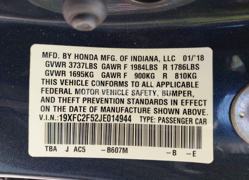 Photo 9 of 2018 Honda Civic LX (VIN 19XFC2F52JE014944)