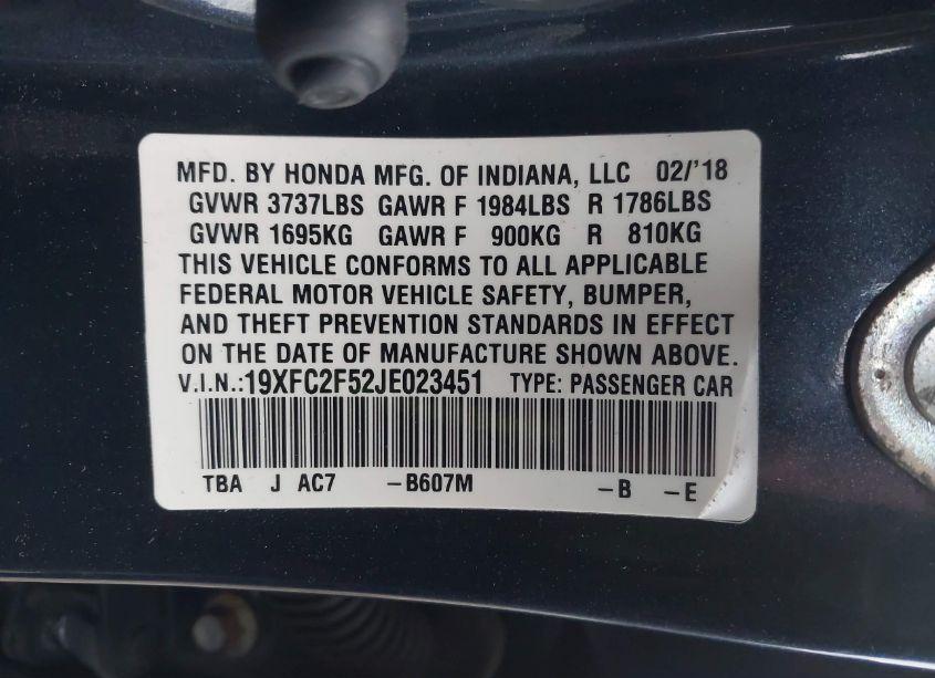 Photo 9 of 2018 Honda Civic LX (VIN 19XFC2F52JE023451)