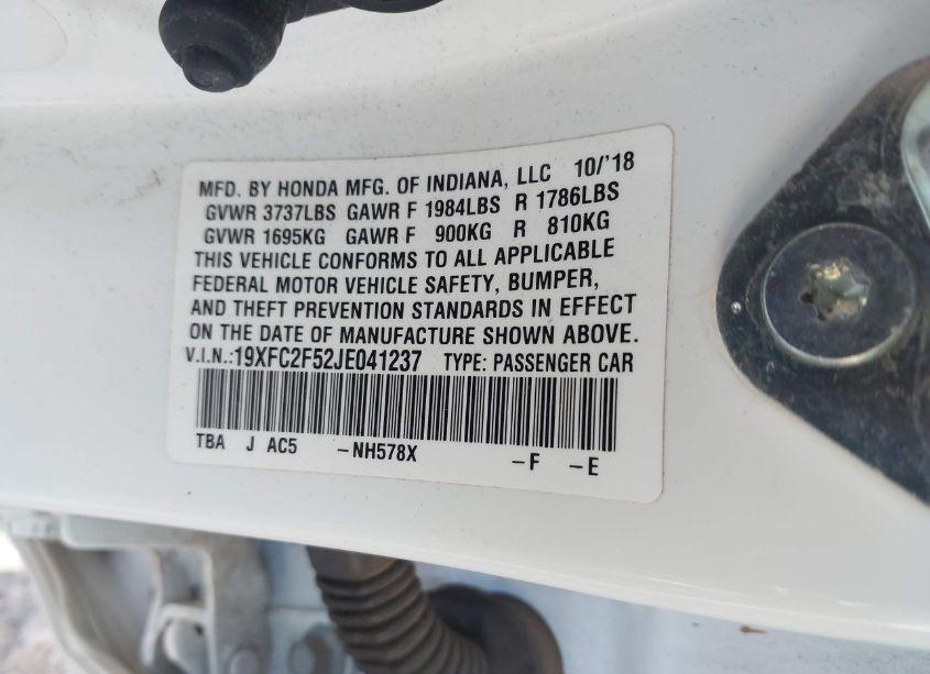 Photo 9 of 2018 Honda Civic LX (VIN 19XFC2F52JE041237)