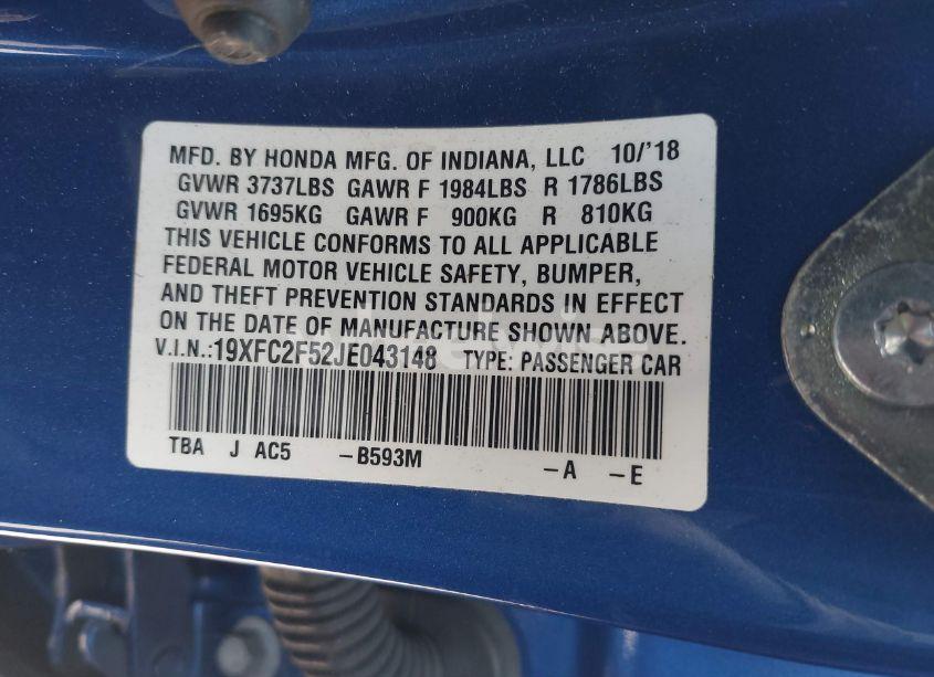 Photo 9 of 2018 Honda Civic LX (VIN 19XFC2F52JE043148)