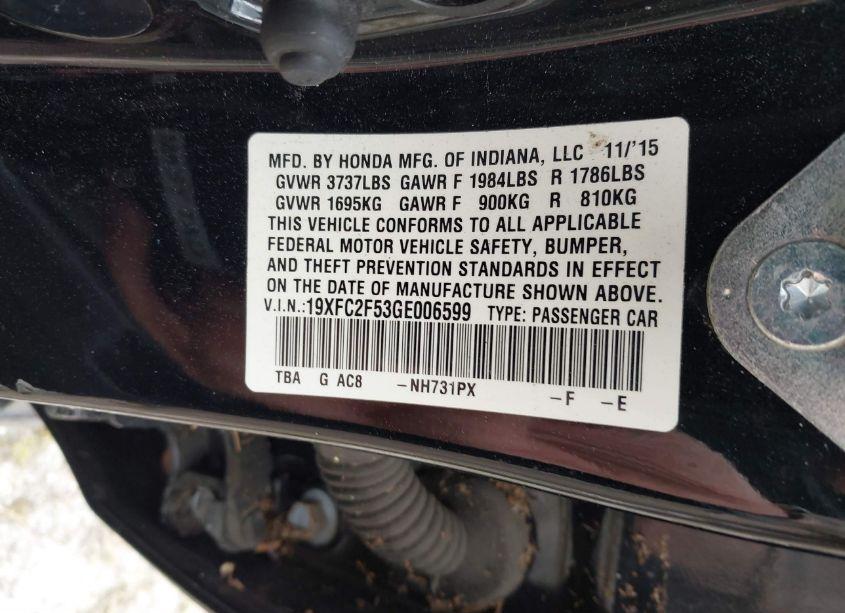 Photo 9 of 2016 Honda Civic LX (VIN 19XFC2F53GE006599)