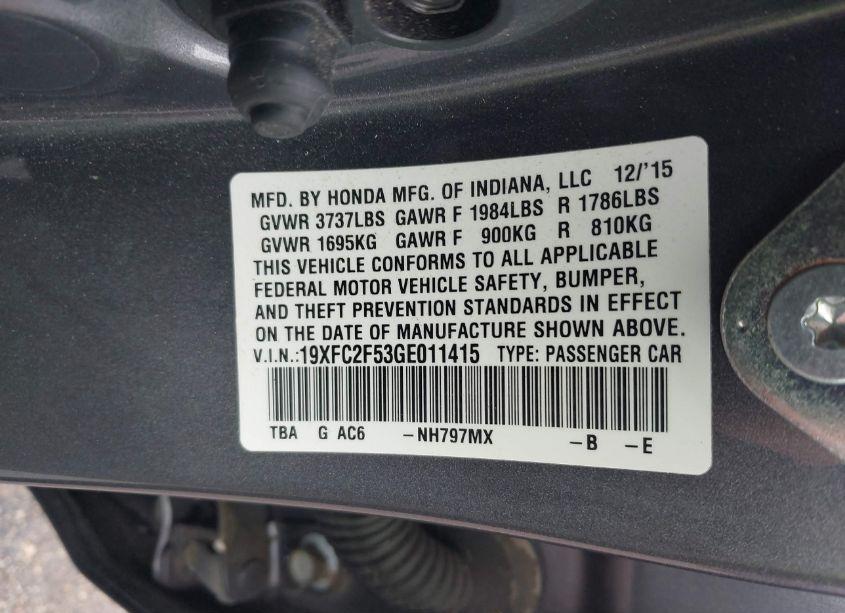Photo 9 of 2016 Honda Civic LX (VIN 19XFC2F53GE011415)