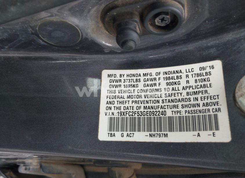 Photo 9 of 2016 Honda Civic LX (VIN 19XFC2F53GE092240)