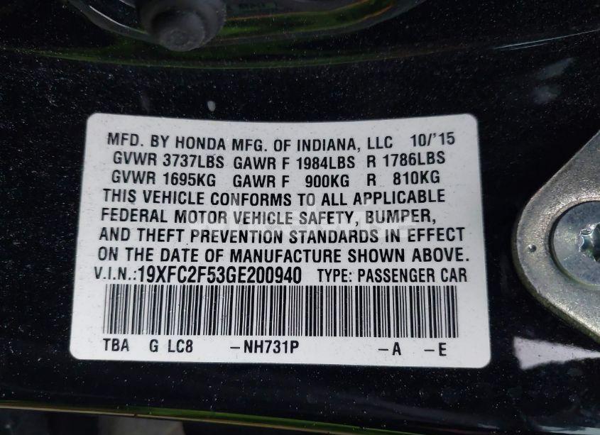 Photo 9 of 2016 Honda Civic LX (VIN 19XFC2F53GE200940)