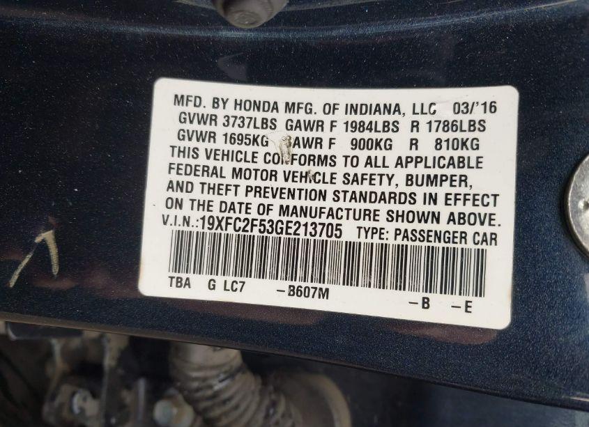 Photo 9 of 2016 Honda Civic LX (VIN 19XFC2F53GE213705)