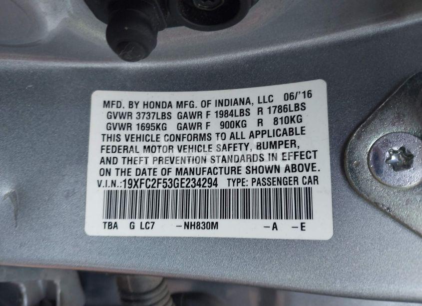 Photo 9 of 2016 Honda Civic LX (VIN 19XFC2F53GE234294)