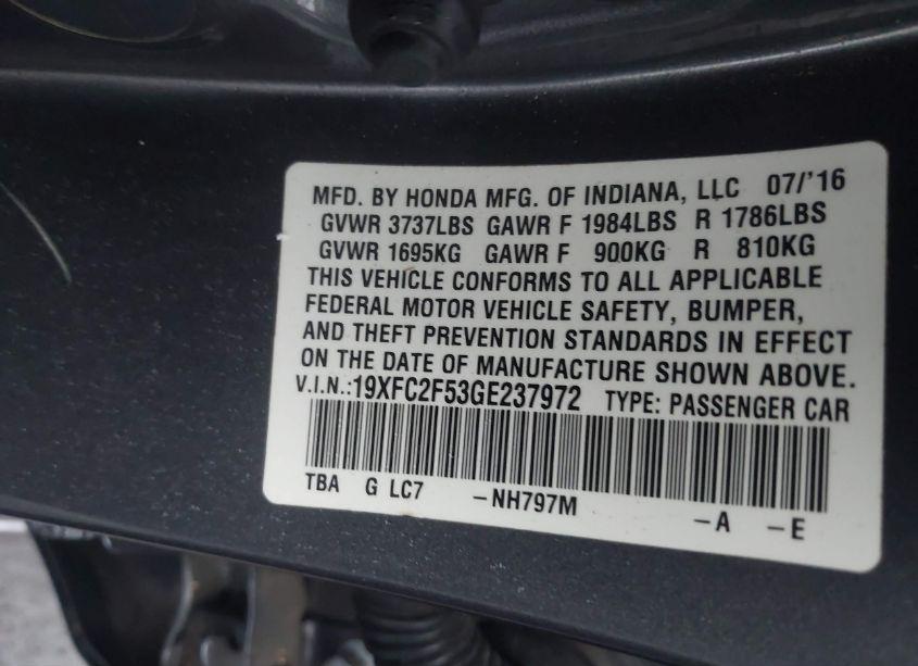 Photo 9 of 2016 Honda Civic LX (VIN 19XFC2F53GE237972)