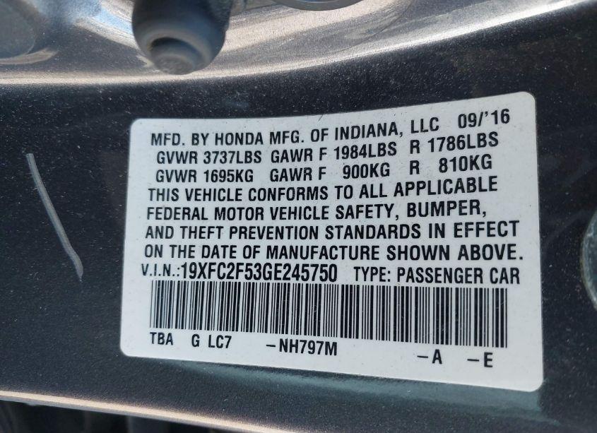 Photo 9 of 2016 Honda Civic LX (VIN 19XFC2F53GE245750)