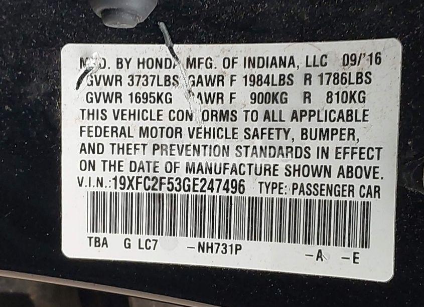Photo 9 of 2016 Honda Civic LX (VIN 19XFC2F53GE247496)