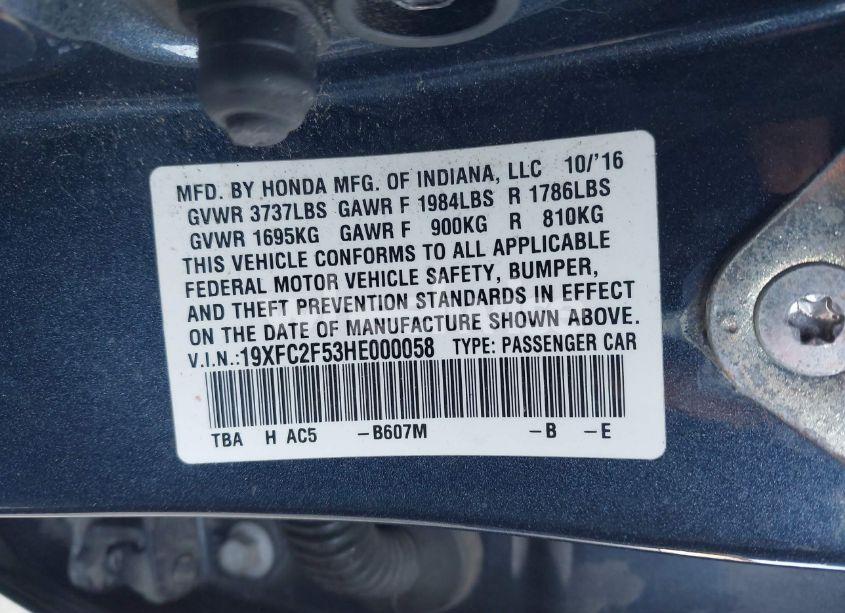 Photo 9 of 2017 Honda Civic LX (VIN 19XFC2F53HE000058)