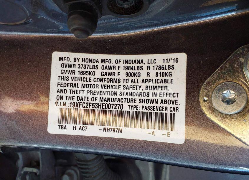 Photo 9 of 2017 Honda Civic LX (VIN 19XFC2F53HE007270)