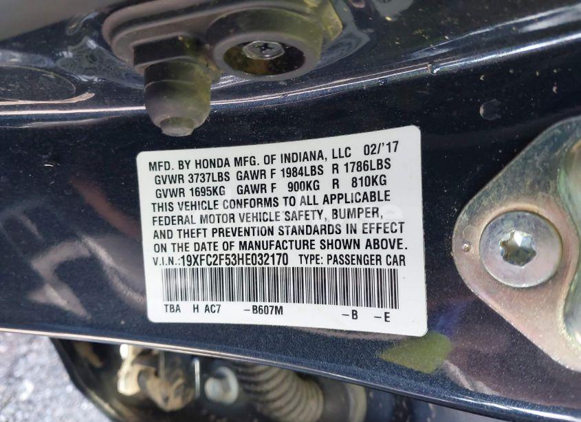 Photo 9 of 2017 Honda Civic LX (VIN 19XFC2F53HE032170)