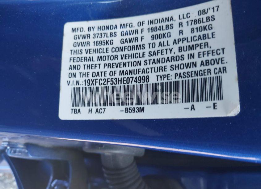 Photo 9 of 2017 Honda Civic LX (VIN 19XFC2F53HE074998)