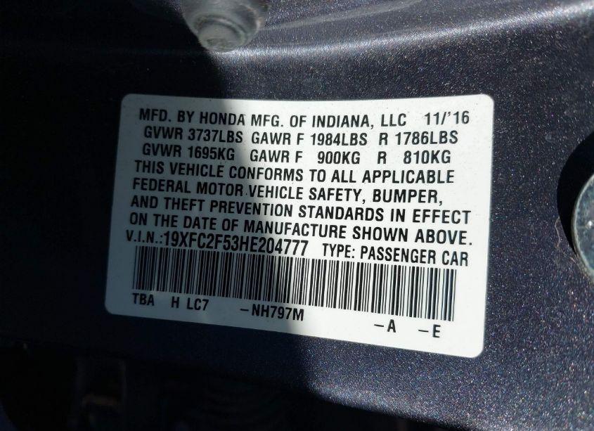Photo 9 of 2017 Honda Civic LX (VIN 19XFC2F53HE204777)