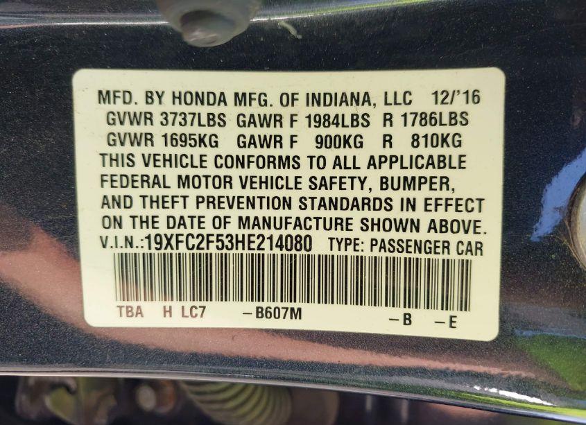 Photo 9 of 2017 Honda Civic LX (VIN 19XFC2F53HE214080)