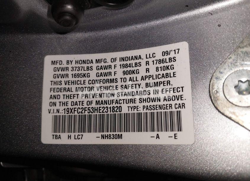 Photo 9 of 2017 Honda Civic LX (VIN 19XFC2F53HE231820)