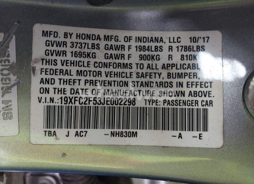 Photo 9 of 2018 Honda Civic LX (VIN 19XFC2F53JE002298)