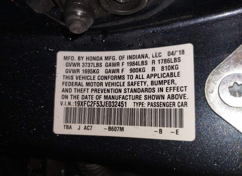 Photo 9 of 2018 Honda Civic LX (VIN 19XFC2F53JE032451)