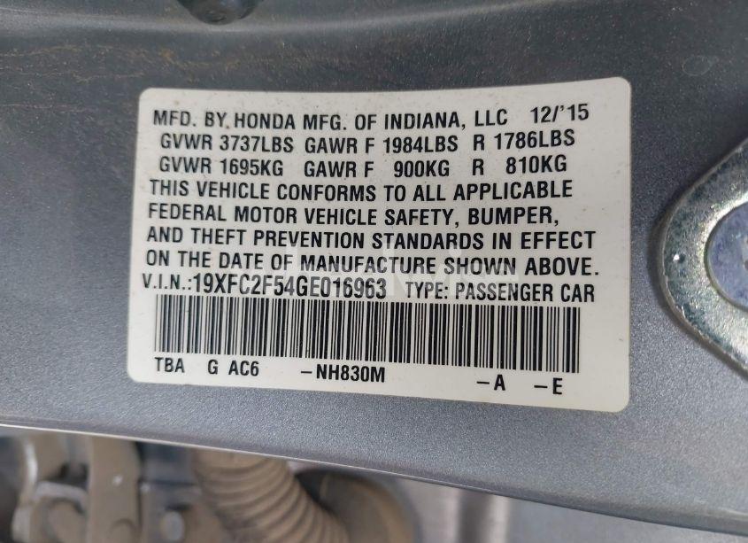 Photo 9 of 2016 Honda Civic LX (VIN 19XFC2F54GE016963)