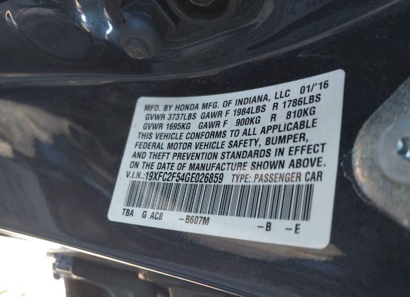 Photo 9 of 2016 Honda Civic LX (VIN 19XFC2F54GE026859)