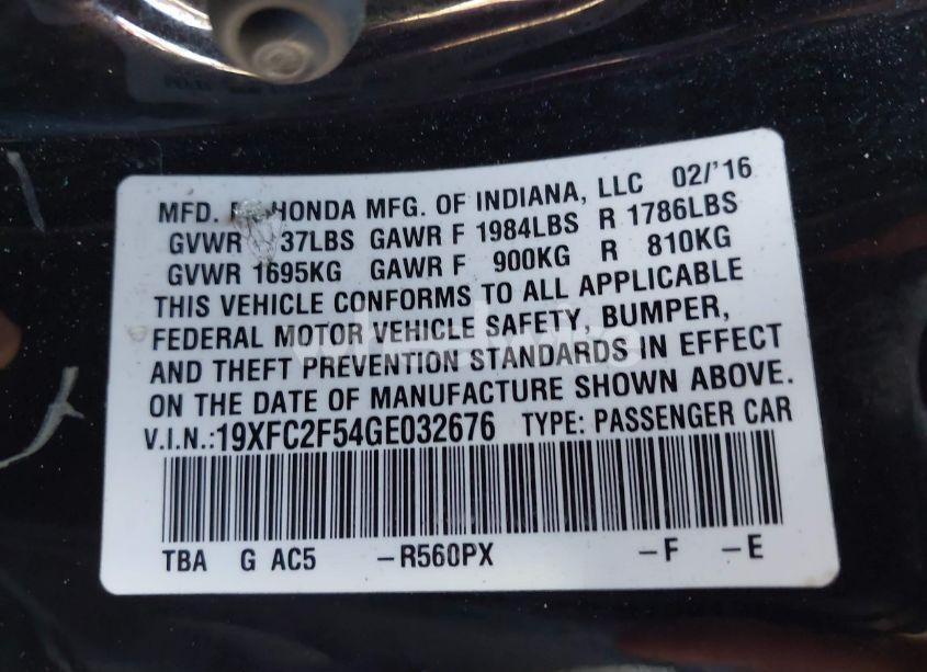 Photo 9 of 2016 Honda Civic LX (VIN 19XFC2F54GE032676)