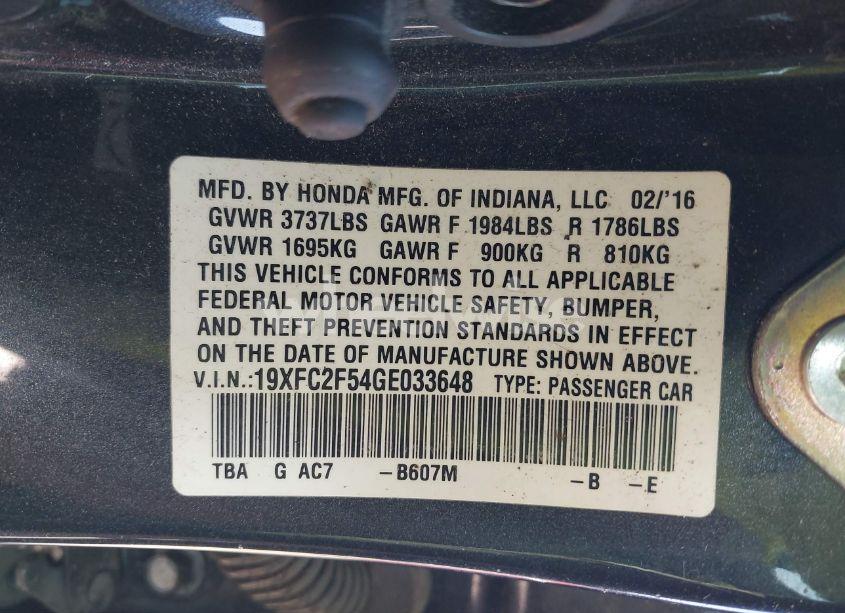Photo 9 of 2016 Honda Civic LX (VIN 19XFC2F54GE033648)