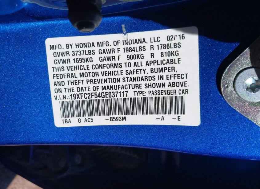 Photo 9 of 2016 Honda Civic LX (VIN 19XFC2F54GE037117)