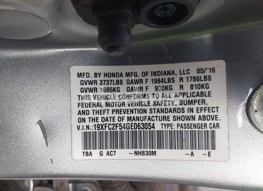 Photo 9 of 2016 Honda Civic LX (VIN 19XFC2F54GE063054)
