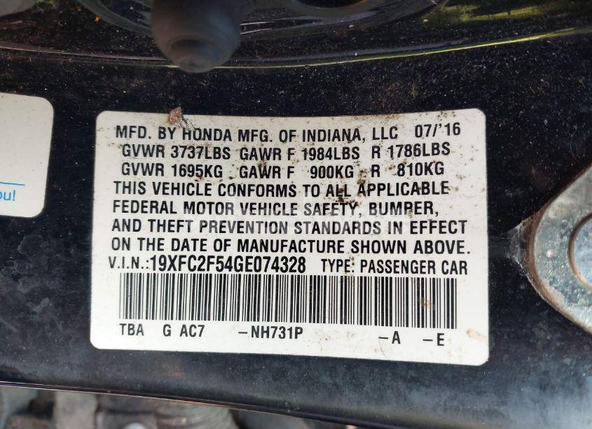 Photo 9 of 2016 Honda Civic LX (VIN 19XFC2F54GE074328)