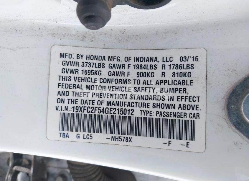 Photo 9 of 2016 Honda Civic LX (VIN 19XFC2F54GE215012)