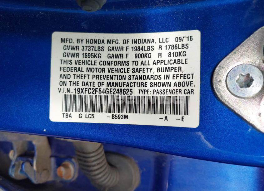 Photo 9 of 2016 Honda Civic LX (VIN 19XFC2F54GE248625)