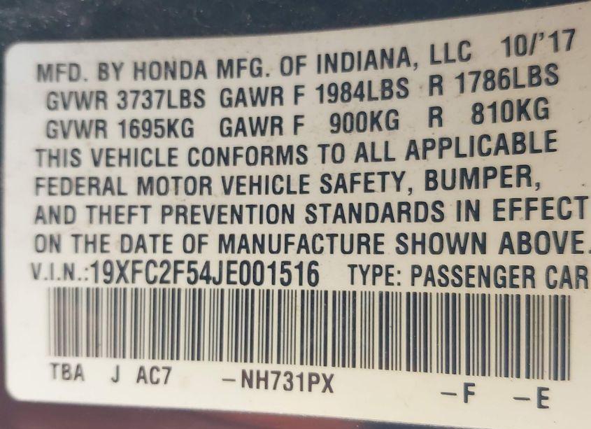 Photo 9 of 2018 Honda Civic LX (VIN 19XFC2F54JE001516)