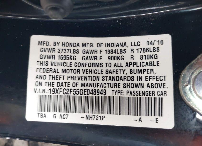Photo 9 of 2016 Honda Civic LX (VIN 19XFC2F55GE048949)