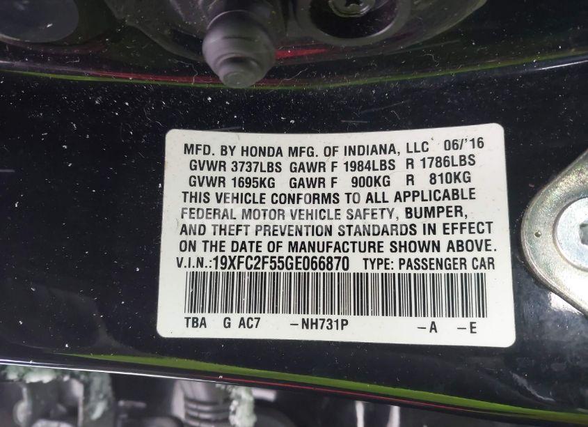 Photo 9 of 2016 Honda Civic LX (VIN 19XFC2F55GE066870)