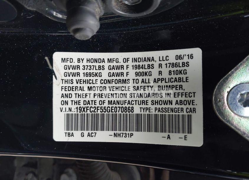 Photo 9 of 2016 Honda Civic LX (VIN 19XFC2F55GE070868)