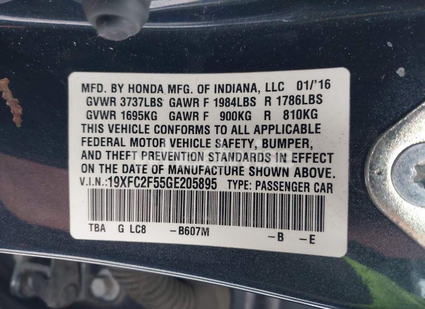 Photo 9 of 2016 Honda Civic LX (VIN 19XFC2F55GE205895)