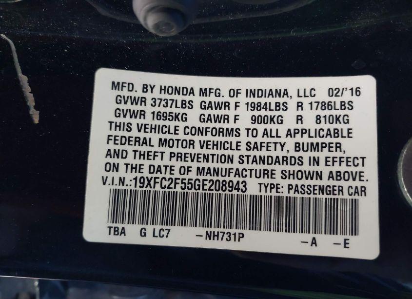 Photo 9 of 2016 Honda Civic LX (VIN 19XFC2F55GE208943)